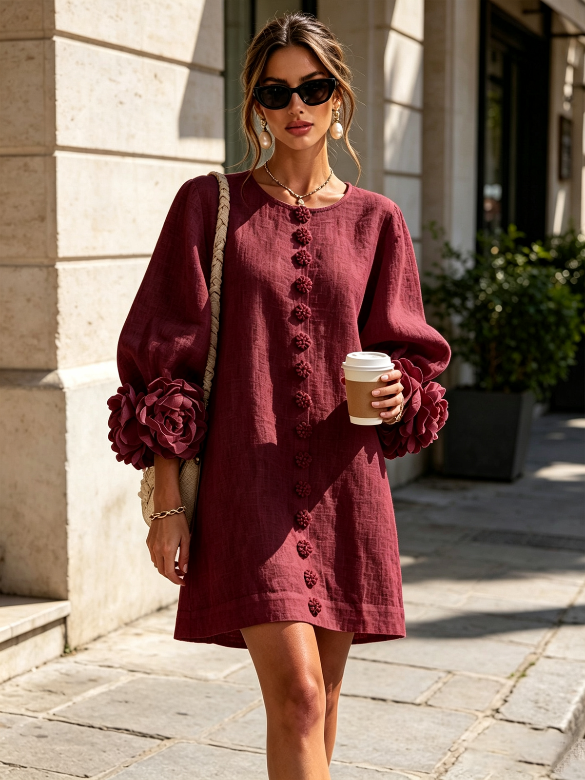 Robe courte Fleur de Minuit à poignets fleuris
