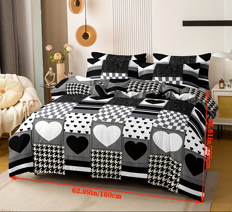 Parure de housse de couette à cœurs à carreaux noir et blanc (3 pièces)