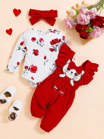 Ensemble bébé fille 3 pièces : body fleuri, salopette velours et foulard