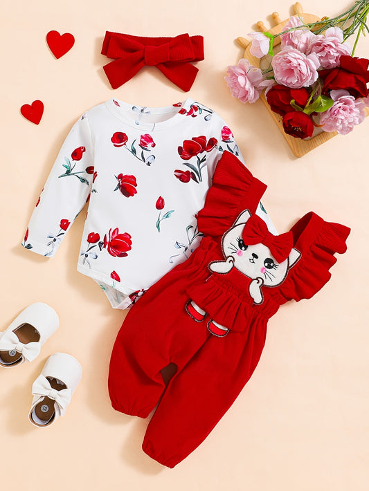 Ensemble bébé fille 3 pièces : body fleuri, salopette velours et foulard