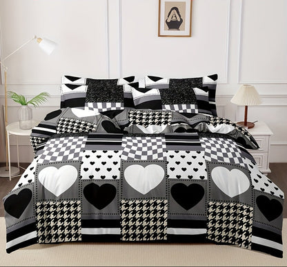 Parure de housse de couette à cœurs à carreaux noir et blanc (3 pièces)