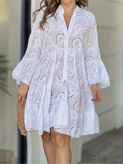 Robe chemise ample à col V pour femme, à manches évasées et patchwork