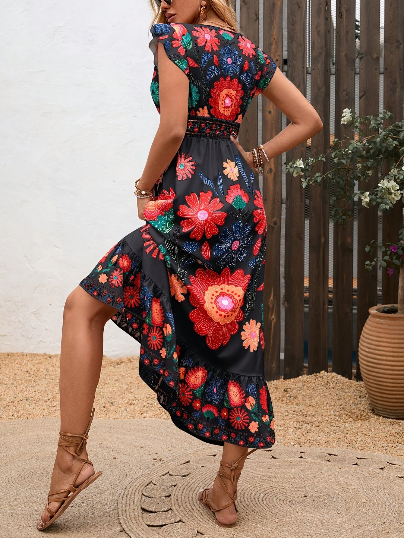 Élodie – Robe longue bohème à col en V, taille ceinturée, ourlet à volants