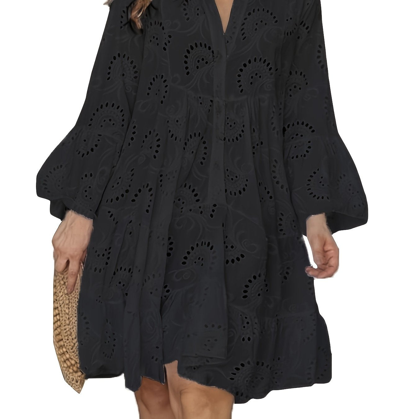 Robe chemise ample à col V pour femme, à manches évasées et patchwork