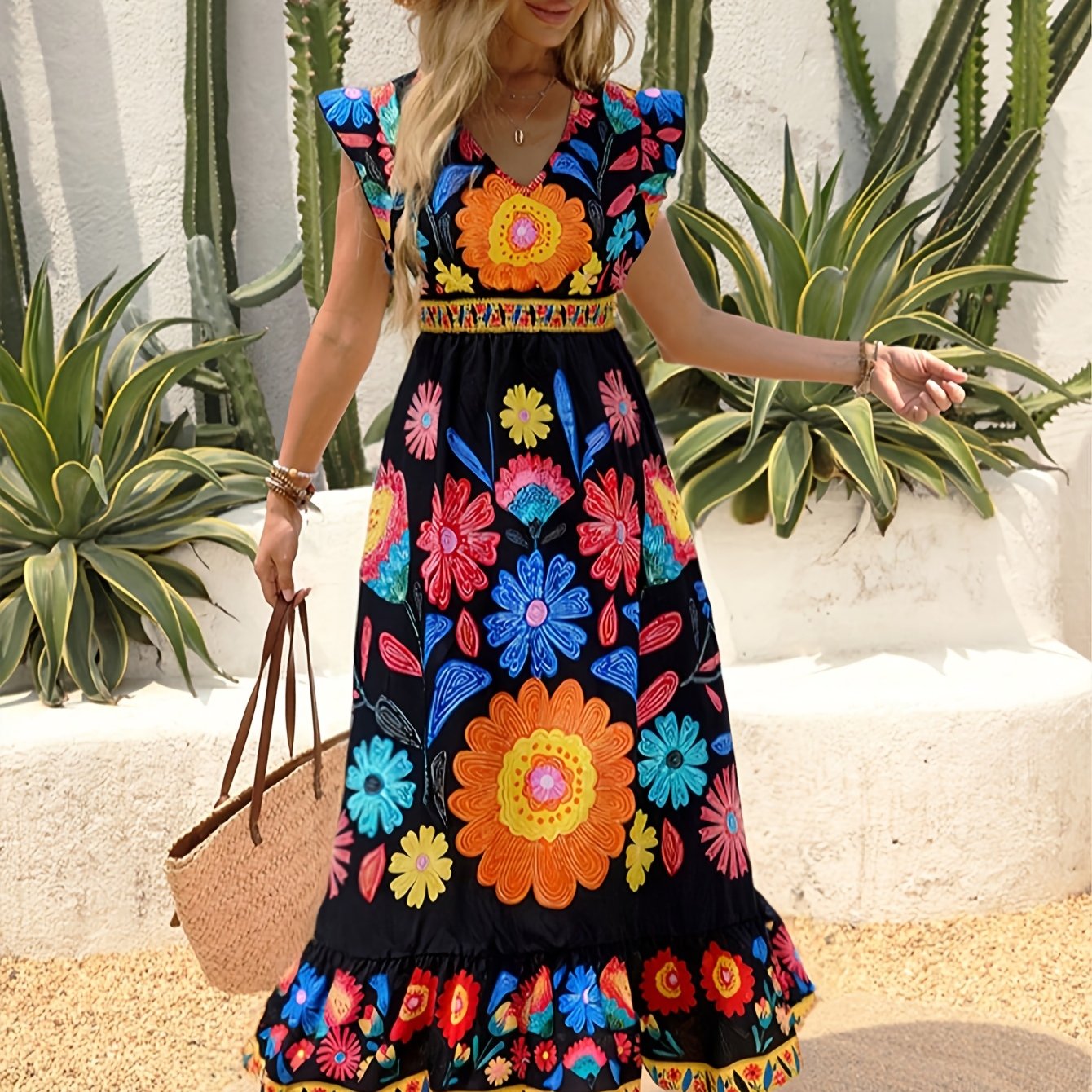 Élodie – Robe longue bohème à col en V, taille ceinturée, ourlet à volants