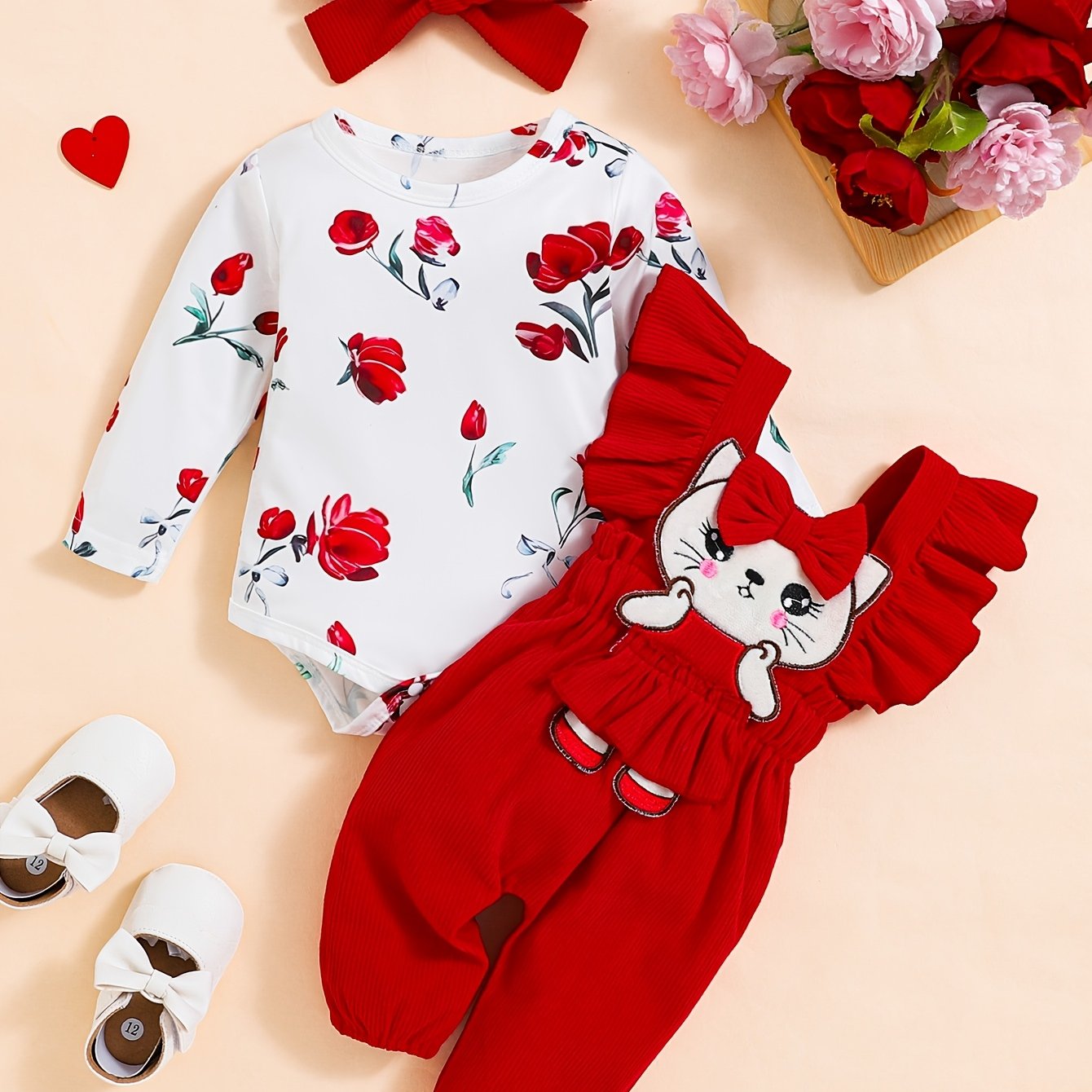 Ensemble bébé fille 3 pièces : body fleuri, salopette velours et foulard