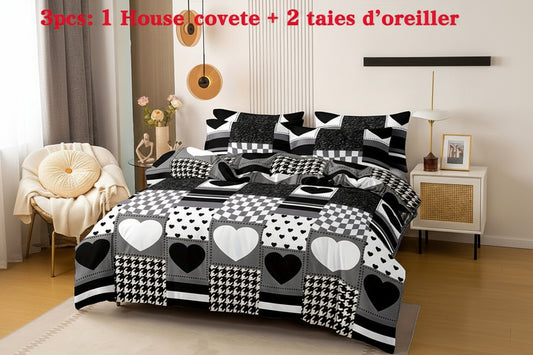 Parure de housse de couette à cœurs à carreaux noir et blanc (3 pièces)