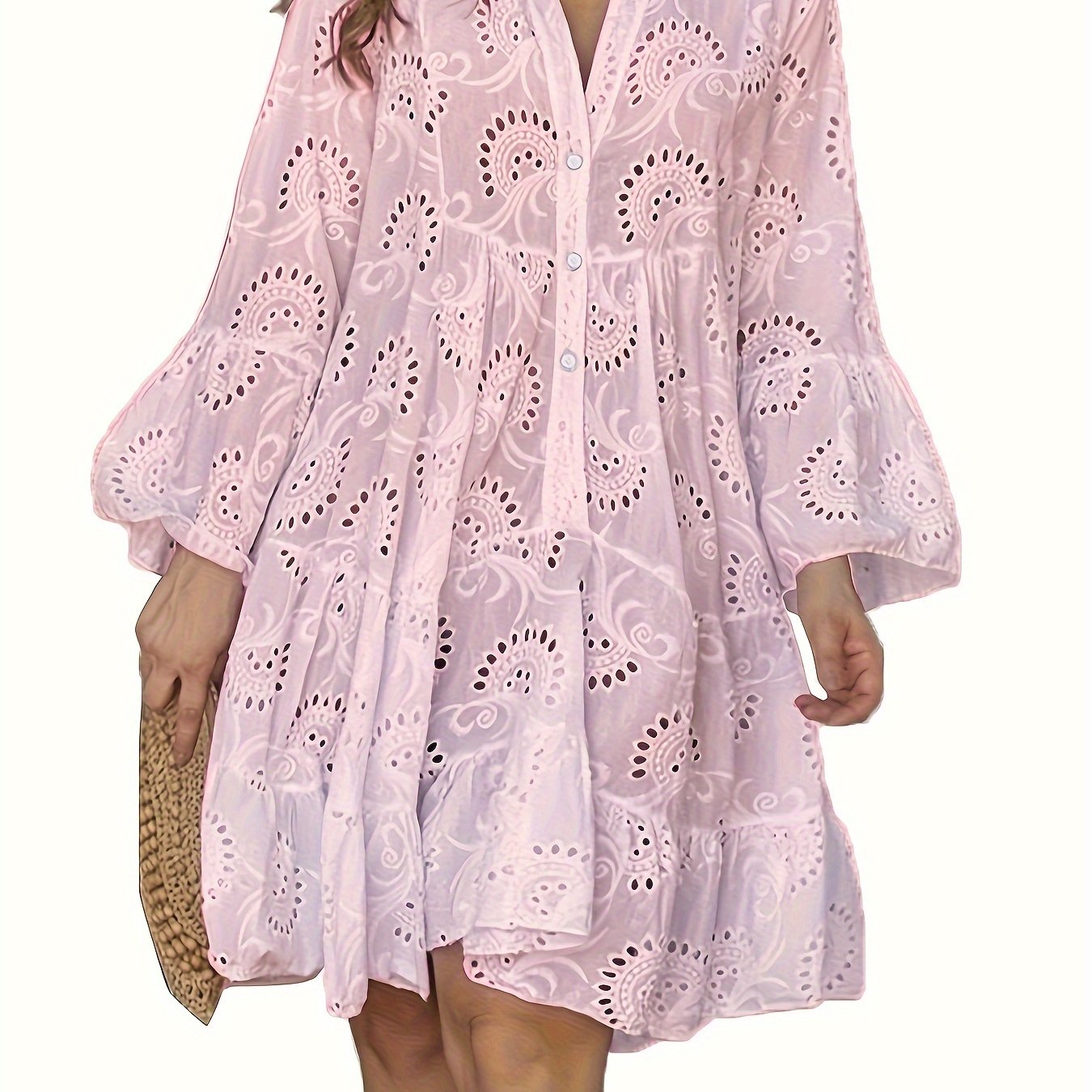 Robe chemise ample à col V pour femme, à manches évasées et patchwork