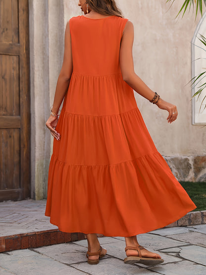 Élégante robe maxi vintage sans manches à col en V avec plis