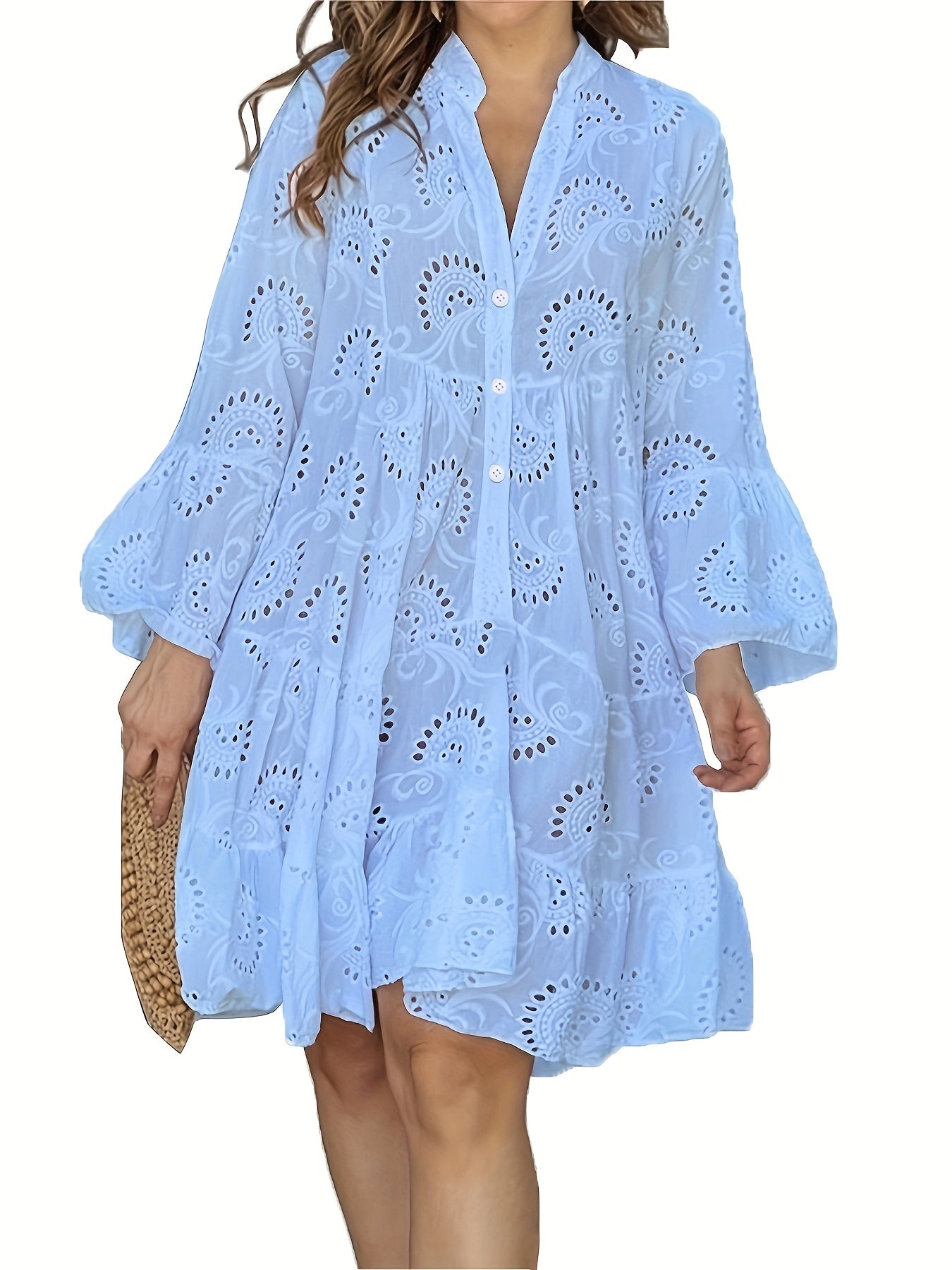 Robe chemise ample à col V pour femme, à manches évasées et patchwork