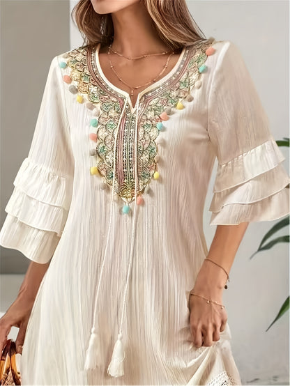 Robe Zarah à col en V avec franges – manches à volants et jupe évasée