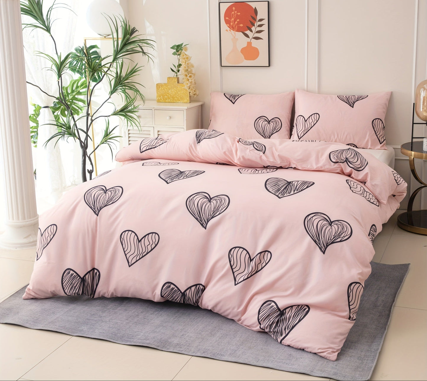 Ensemble de housse de couette en polyester rose – 3 pièces avec 2 taies d’oreiller