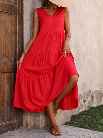 Élégante robe maxi vintage sans manches à col en V avec plis