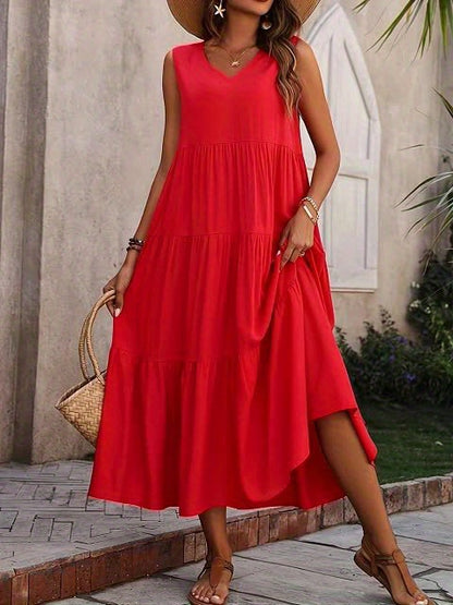 Élégante robe maxi vintage sans manches à col en V avec plis