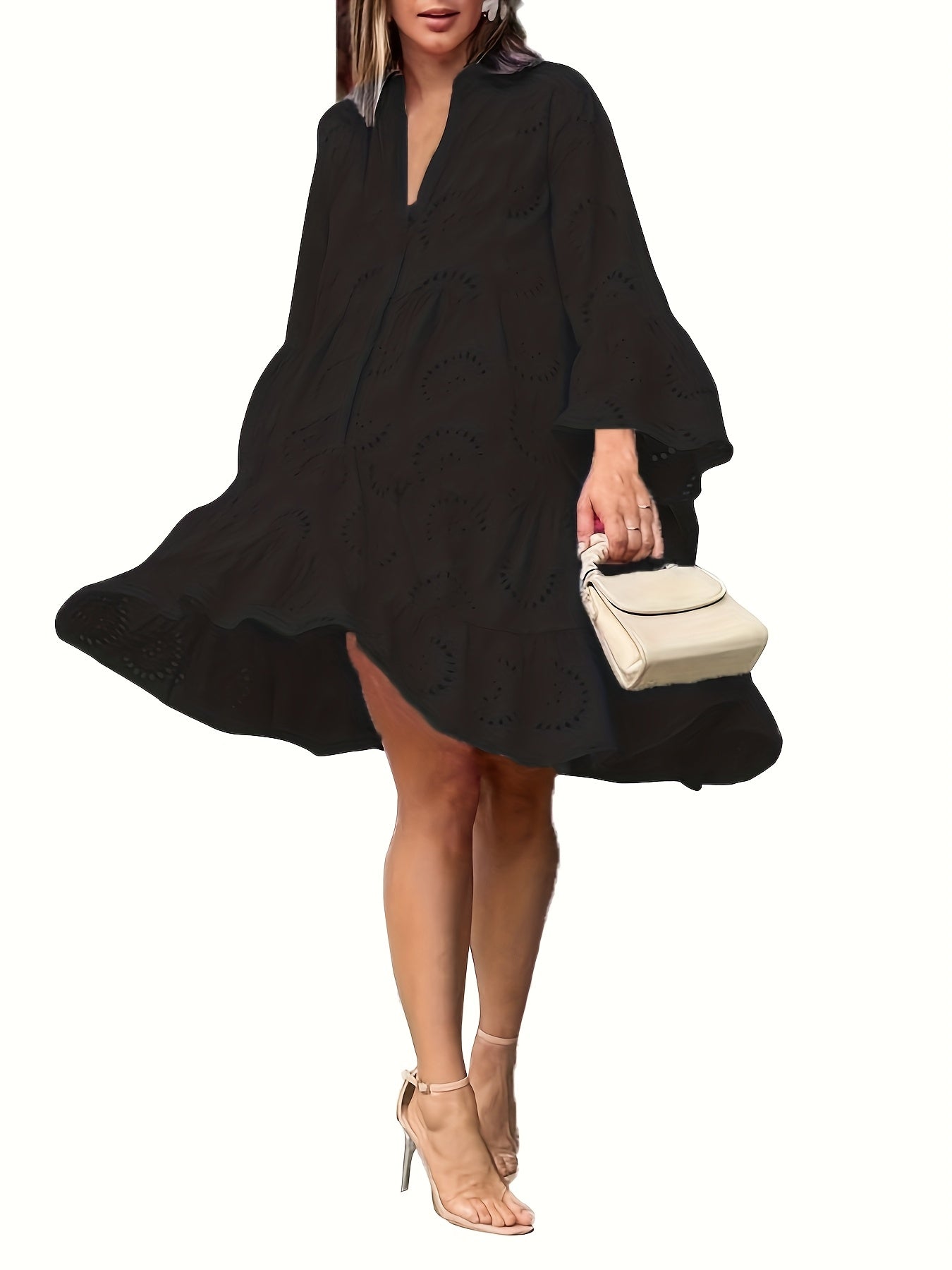 Robe chemise ample à col V pour femme, à manches évasées et patchwork