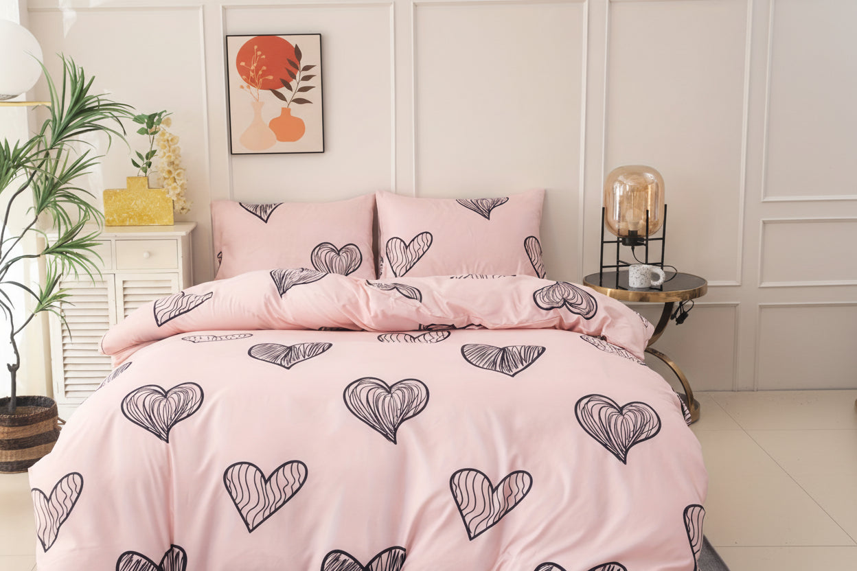 Ensemble de housse de couette en polyester rose – 3 pièces avec 2 taies d’oreiller