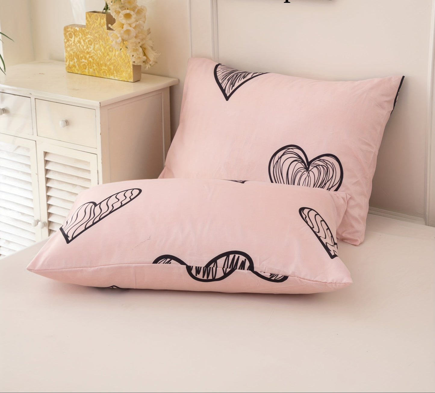 Ensemble de housse de couette en polyester rose – 3 pièces avec 2 taies d’oreiller