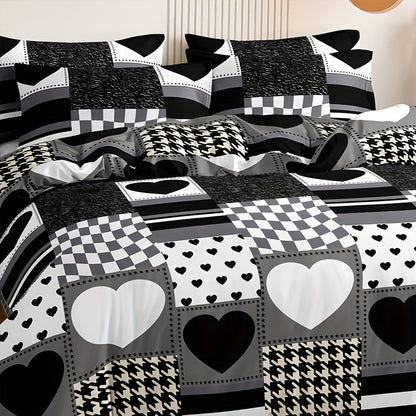 Parure de housse de couette à cœurs à carreaux noir et blanc (3 pièces)