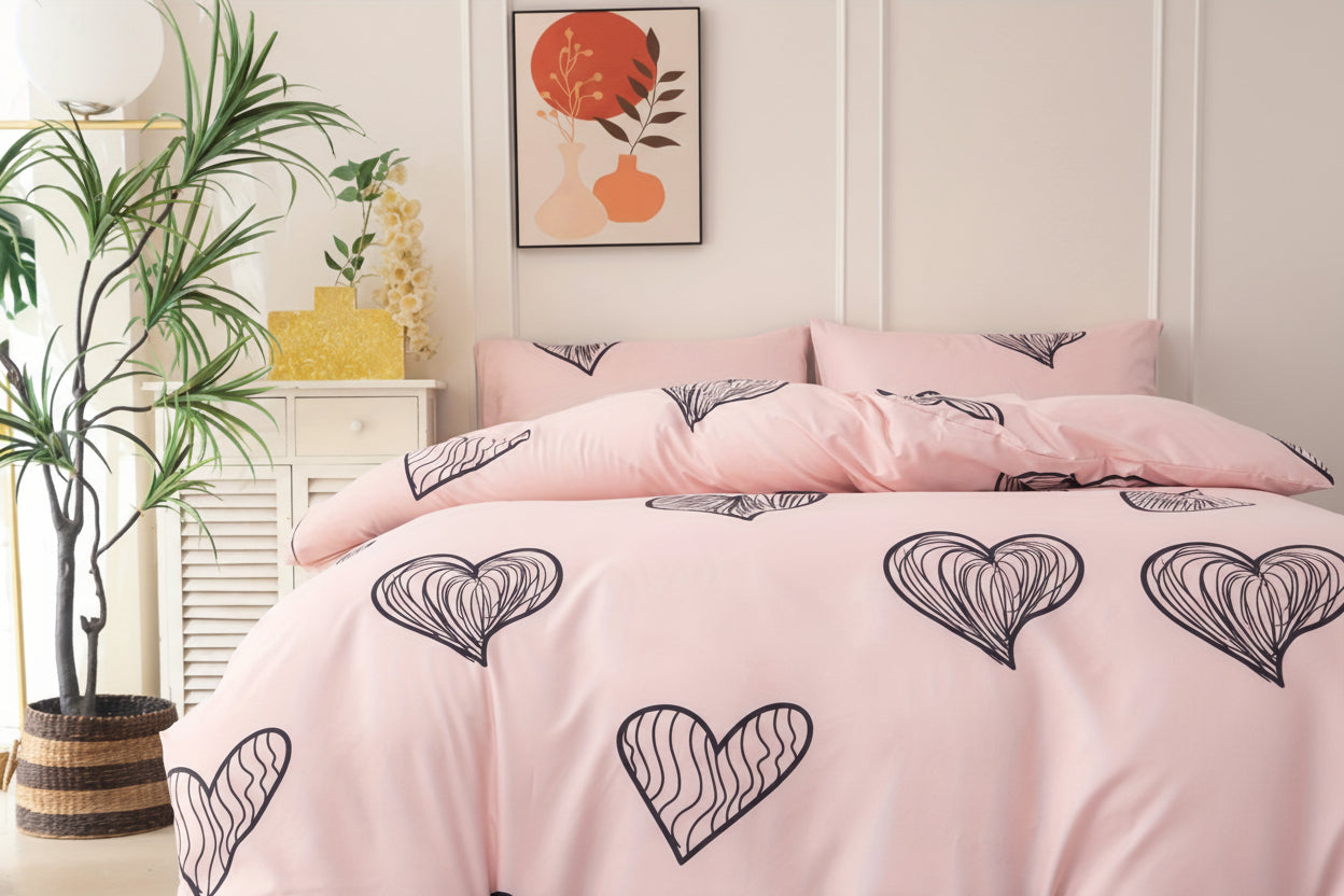 Ensemble de housse de couette en polyester rose – 3 pièces avec 2 taies d’oreiller
