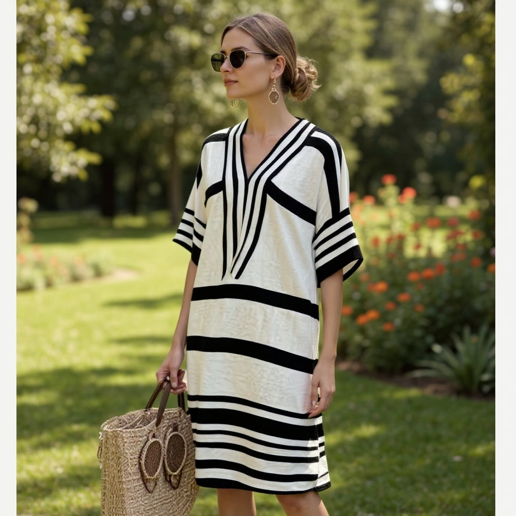 Chloé Robe d’Été Décontractée à Col V – Légère et Rayée