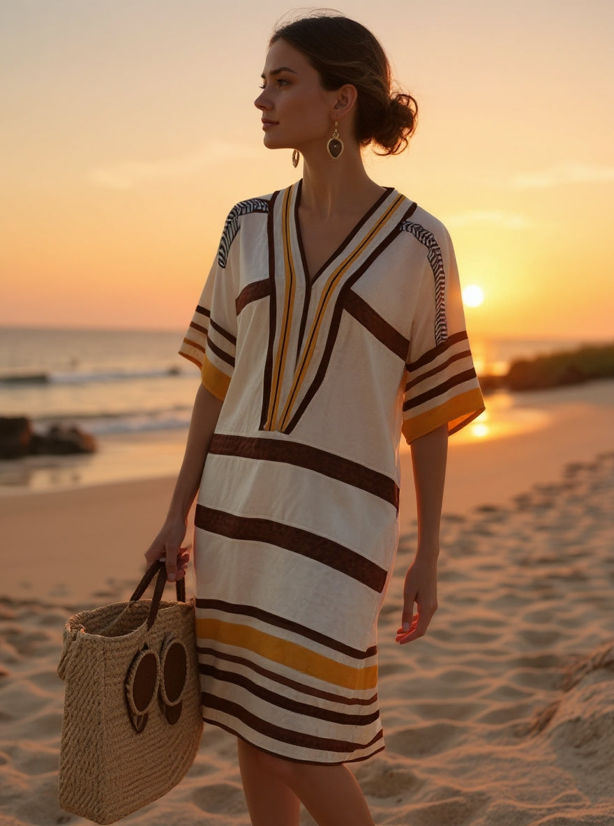 Chloé Robe d’Été Décontractée à Col V – Légère et Rayée
