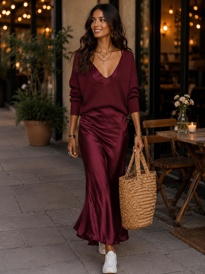 Ensemble robe longue en satin et pull – Chic à la française