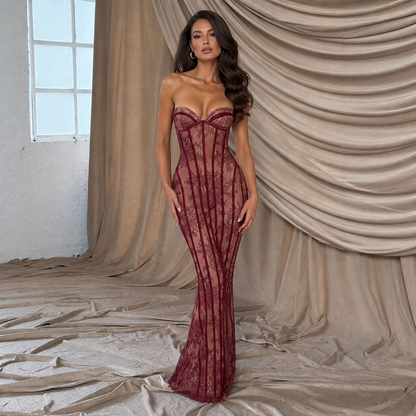 Robe longue moulante à corset en dentelle, bustier sans bretelles