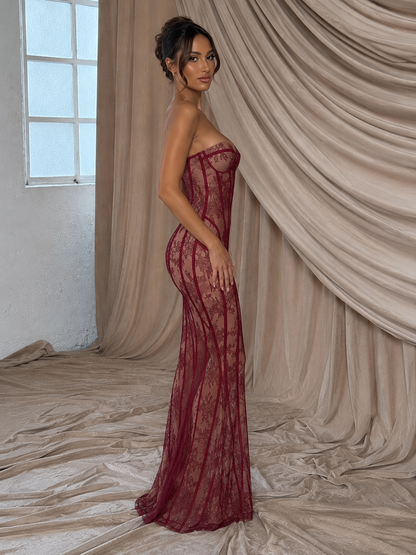 Robe longue moulante à corset en dentelle, bustier sans bretelles
