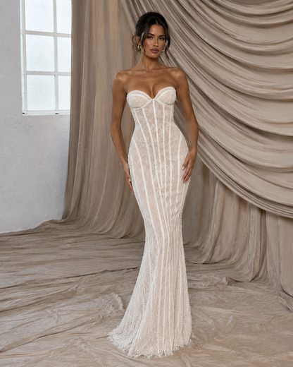 Robe longue moulante à corset en dentelle, bustier sans bretelles