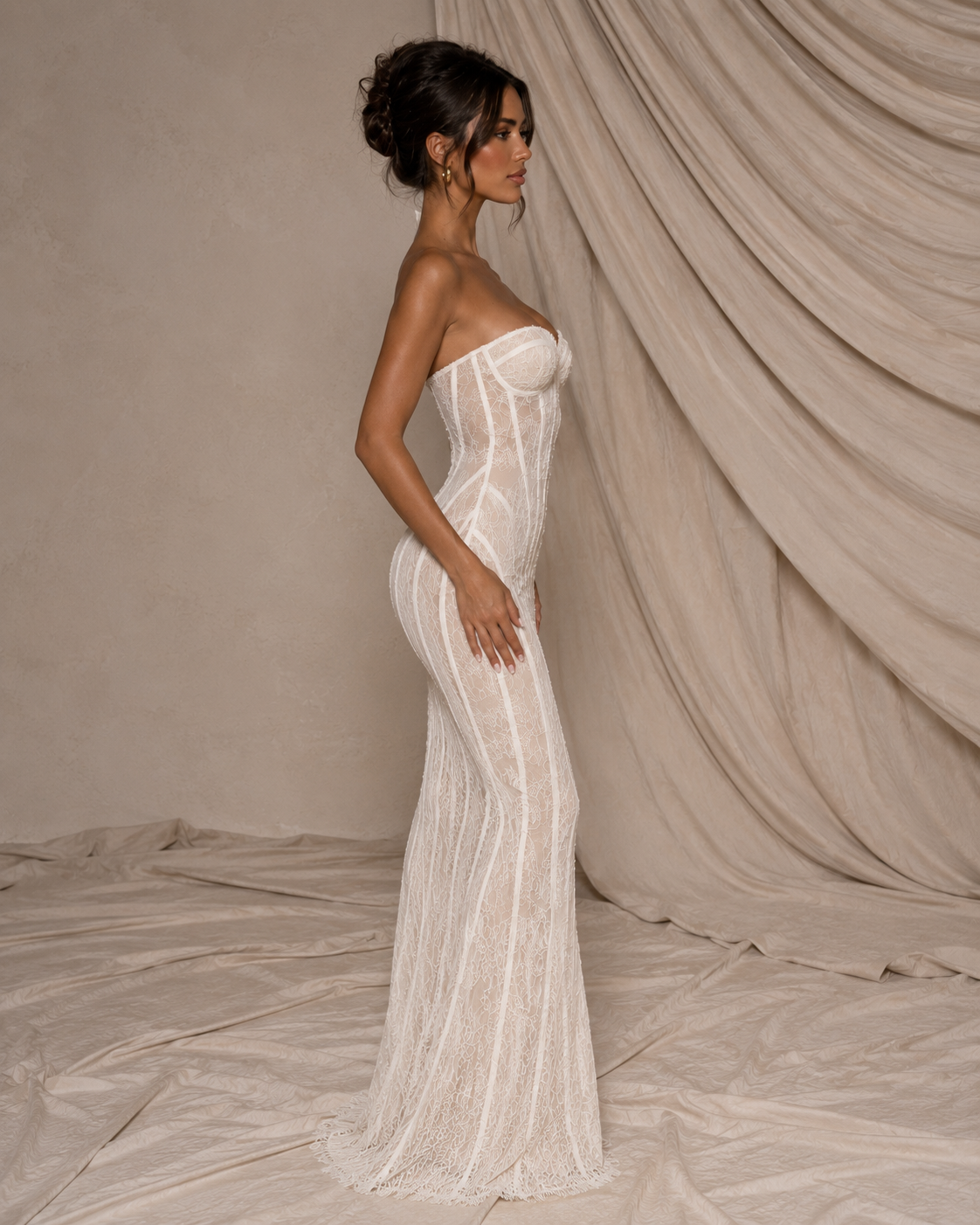 Robe longue moulante à corset en dentelle, bustier sans bretelles