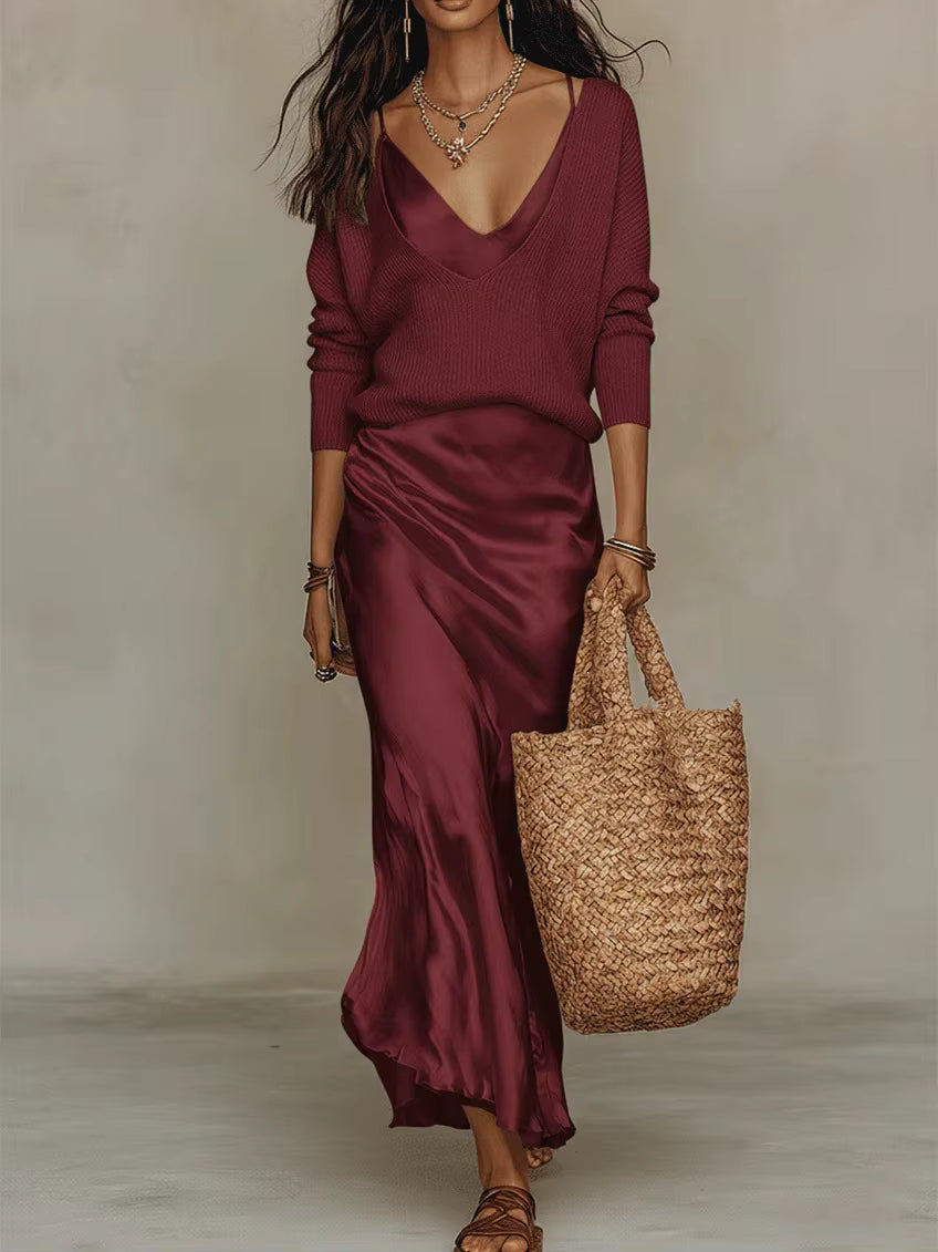 Ensemble robe longue en satin et pull – Chic à la française