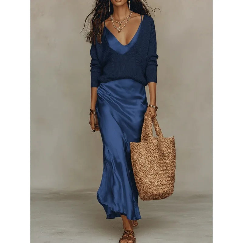 Ensemble robe longue en satin et pull – Chic à la française
