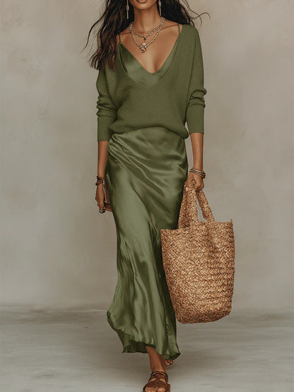 Ensemble robe longue en satin et pull – Chic à la française