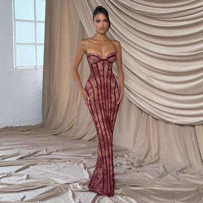 Robe longue moulante à corset en dentelle, bustier sans bretelles