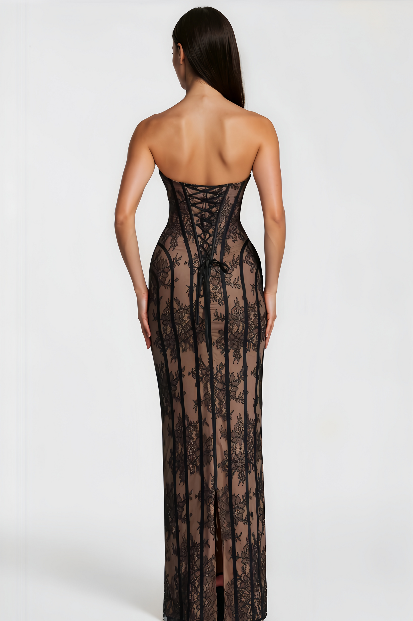 Robe longue moulante à corset en dentelle, bustier sans bretelles