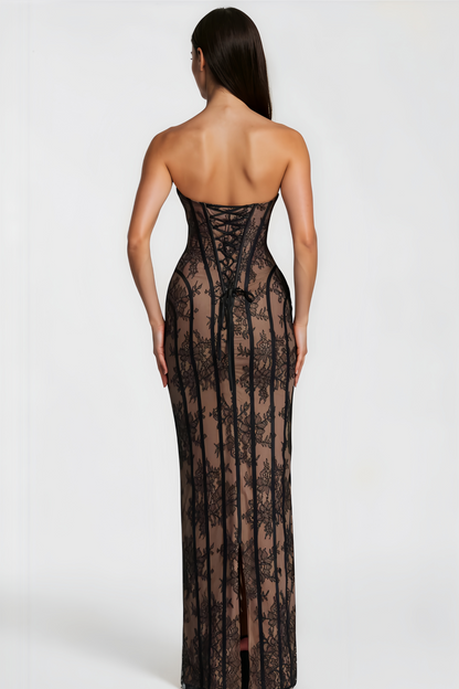 Robe longue moulante à corset en dentelle, bustier sans bretelles