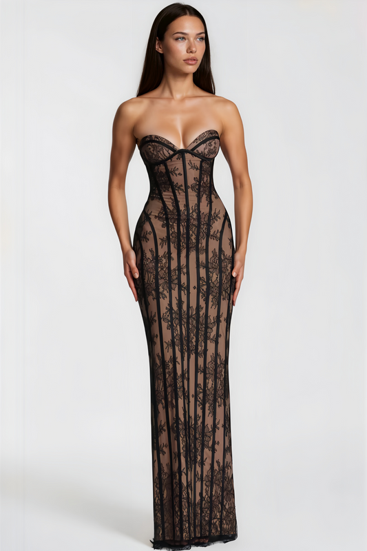 Robe longue moulante à corset en dentelle, bustier sans bretelles