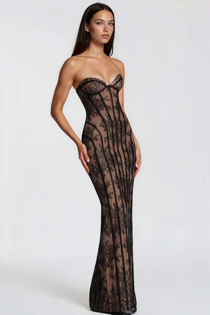 Robe longue moulante à corset en dentelle, bustier sans bretelles