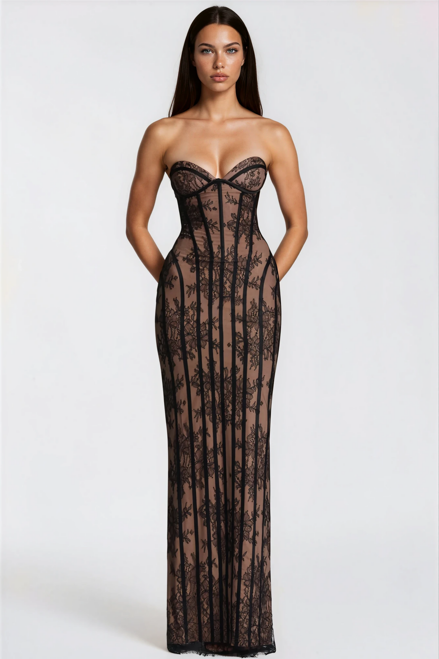 Robe longue moulante à corset en dentelle, bustier sans bretelles