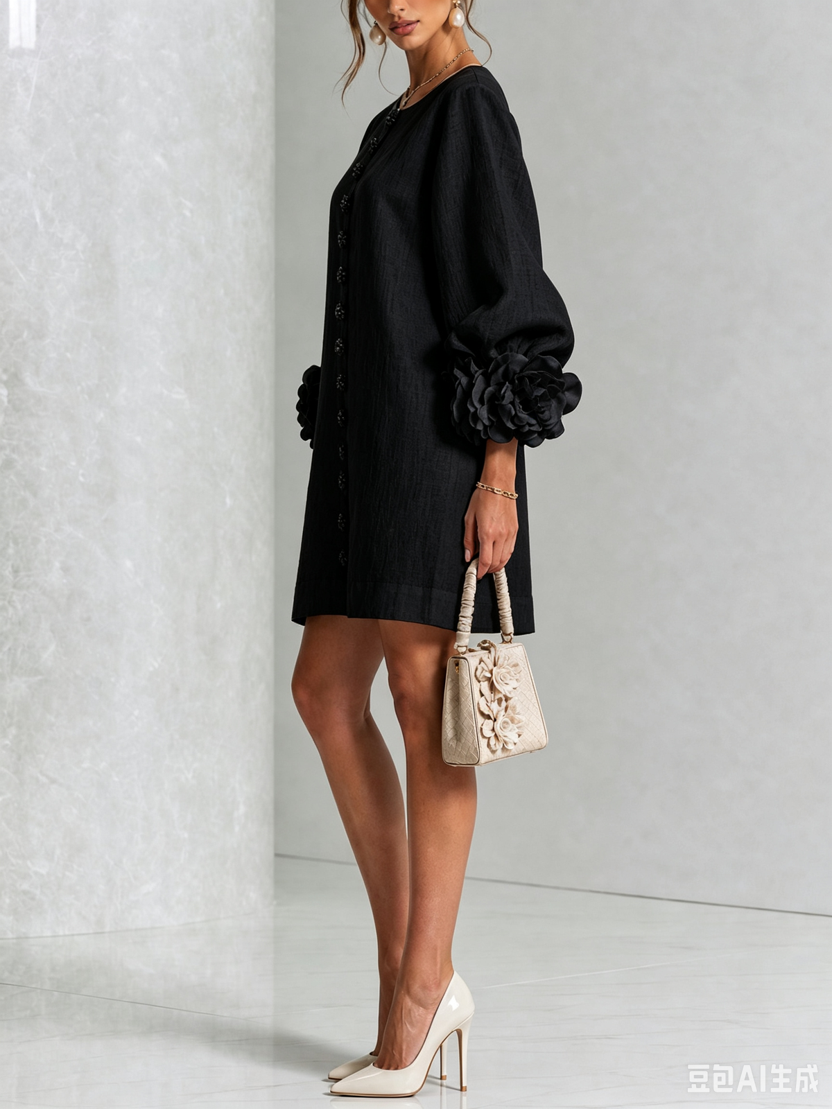 Robe courte Fleur de Minuit à poignets fleuris