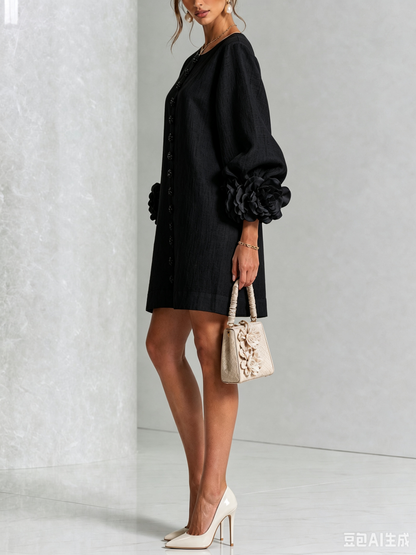 Robe courte Fleur de Minuit à poignets fleuris