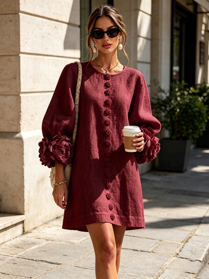 Robe courte Fleur de Minuit à poignets fleuris