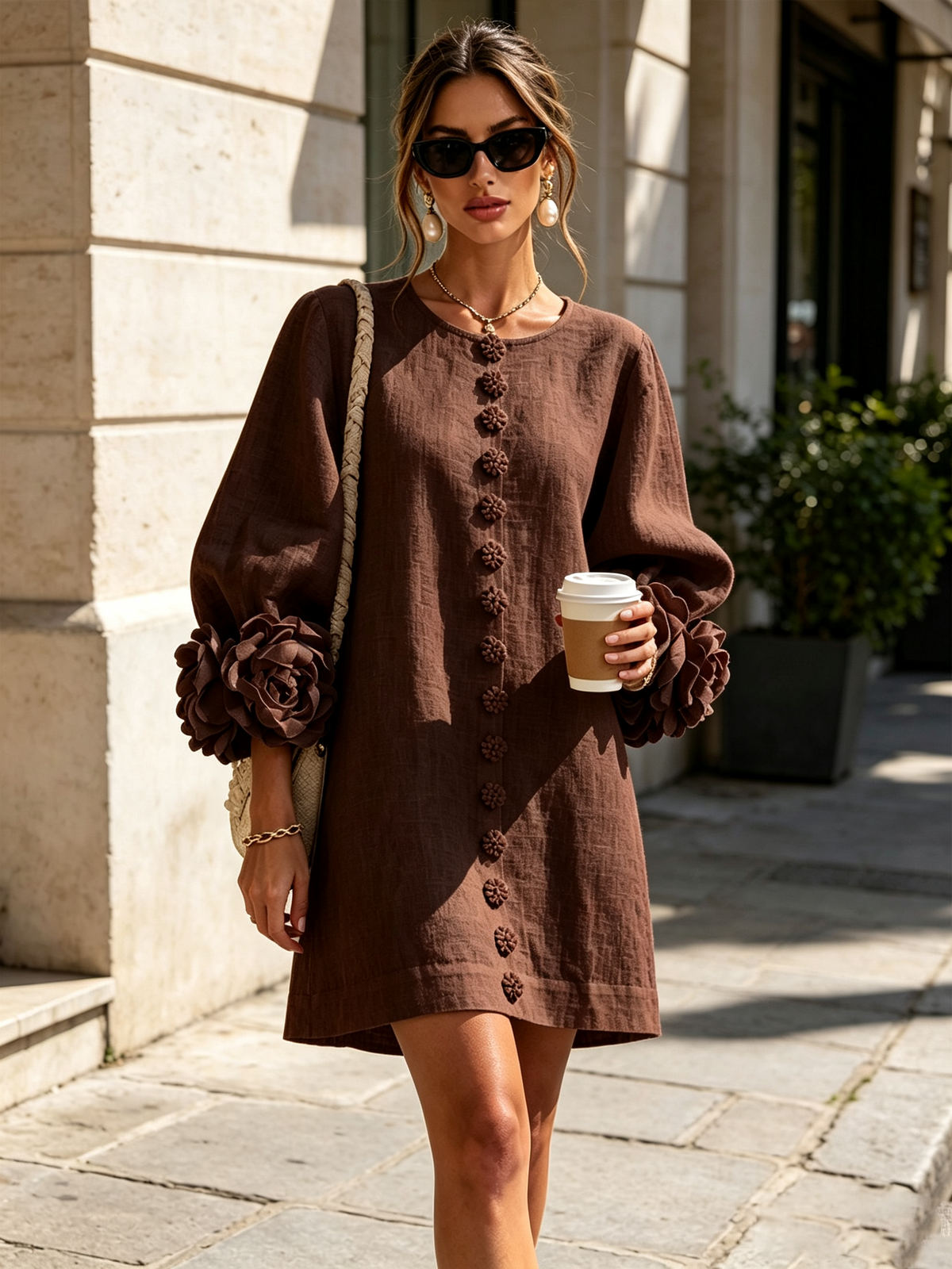 Robe courte Fleur de Minuit à poignets fleuris