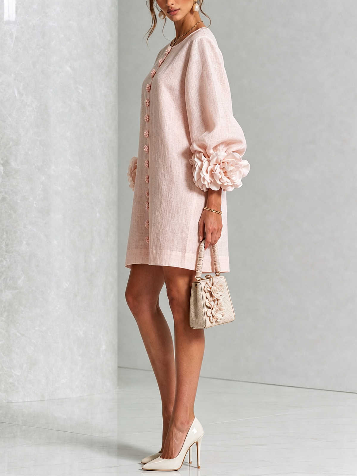Robe courte Fleur de Minuit à poignets fleuris
