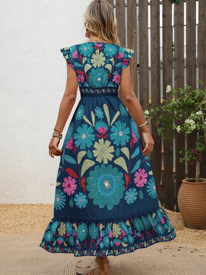 Élodie – Robe longue bohème à col en V, taille ceinturée, ourlet à volants