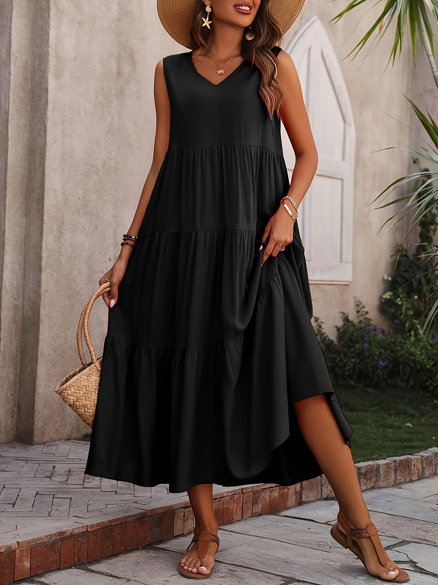Élégante robe maxi vintage sans manches à col en V avec plis