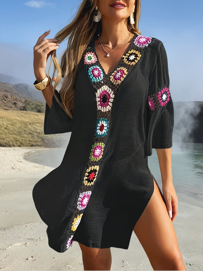 Zandra - Robe de plage pour femme à col en V, crochetée à la main