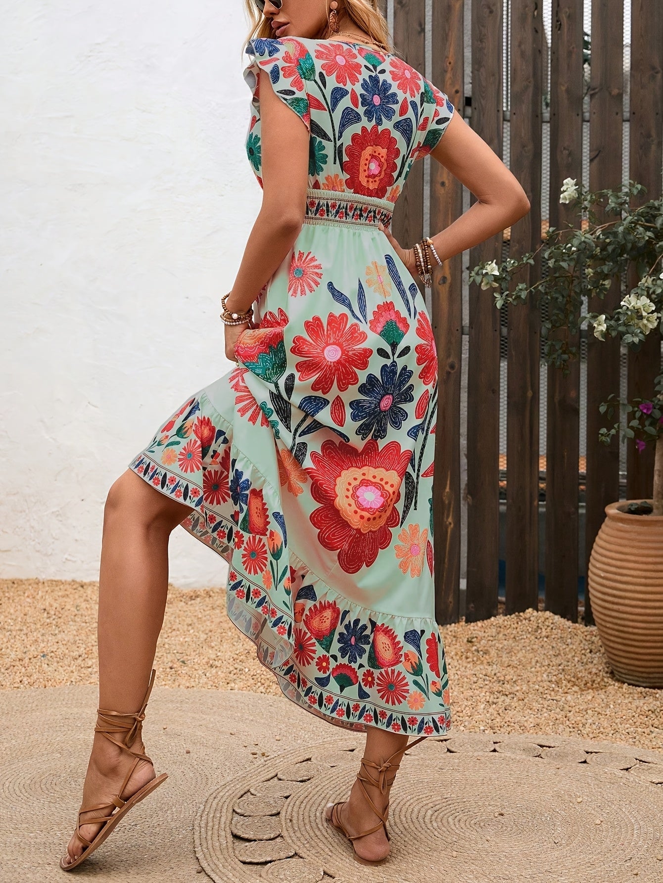 Élodie – Robe longue bohème à col en V, taille ceinturée, ourlet à volants