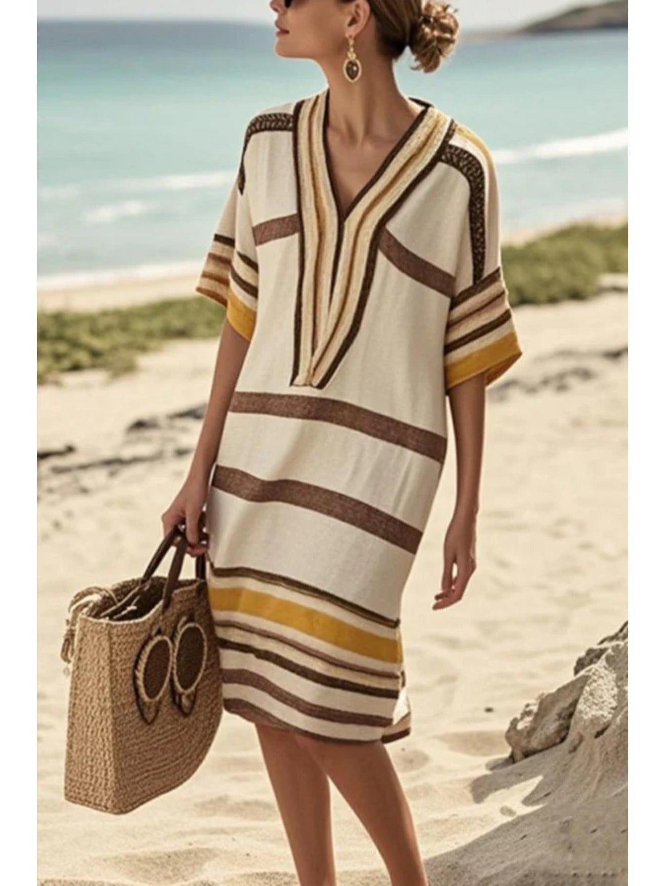 Chloé Robe d’Été Décontractée à Col V – Légère et Rayée