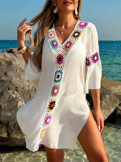 Zandra - Robe de plage pour femme à col en V, crochetée à la main